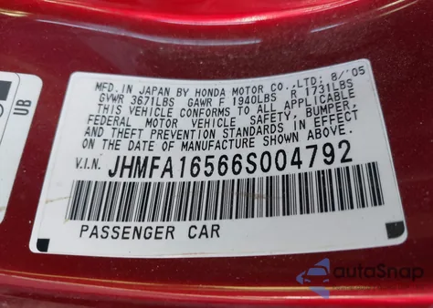2006 Honda Civic Lx from USA, damaged, VIN JHMFA16566S004792